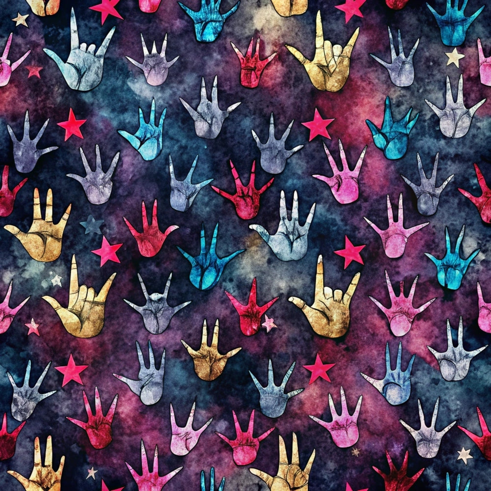 rock and roll hands, watercolor effect, cosmic background, star motif, navy blue, magenta pink, turquoise blue, golden yellow, purple tones, hand gestures, rock horns, galaxy pattern, tie-dye background,, fabric panel, music theme, colorful stars, scattered pattern, watercolor texture, vibrant colors