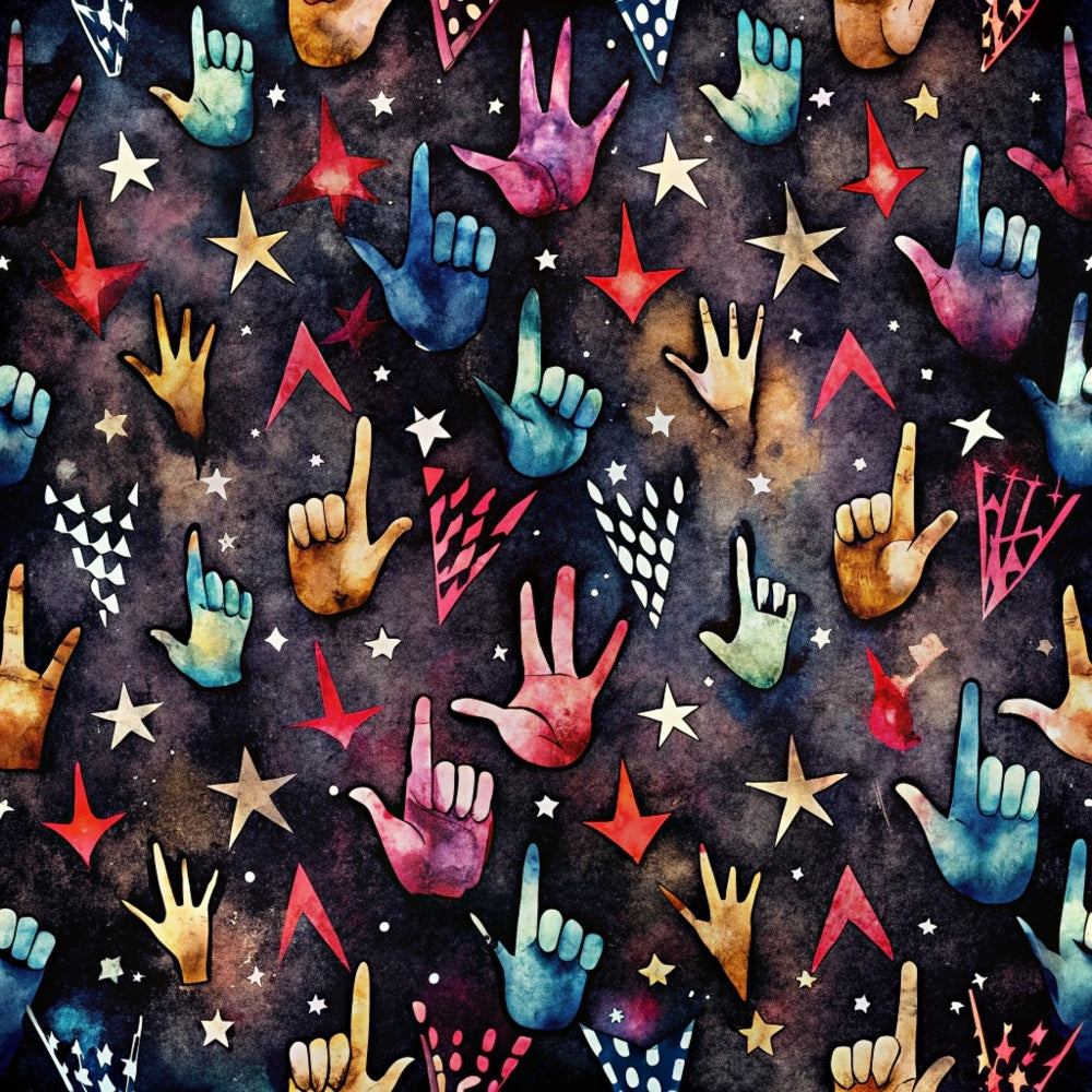 rock and roll, hand gestures, peace signs, watercolor effect, cosmic background, stars, geometric triangles, deep purple, teal blue, coral pink, golden yellow, galaxy colors, music theme, retro style,, fabric panel, celestial elements, tie-dye effect, bohemian vibe, concert vibes