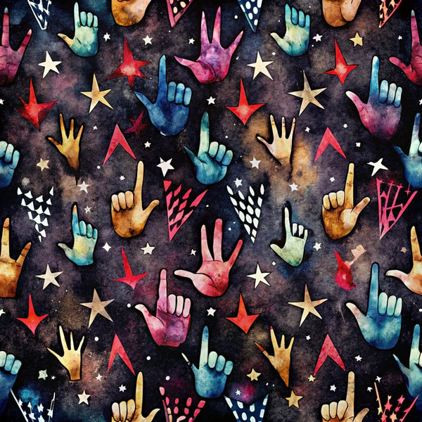 rock and roll, hand gestures, peace signs, watercolor effect, cosmic background, stars, geometric triangles, deep purple, teal blue, coral pink, golden yellow, galaxy colors, music theme, retro style,, fabric panel, celestial elements, tie-dye effect, bohemian vibe, concert vibes