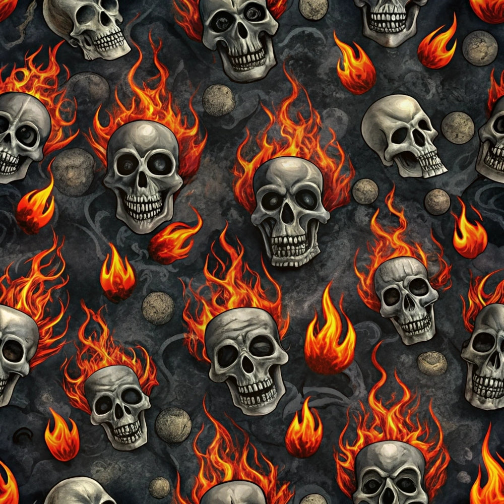 skulls, flames, fire, orange, red, yellow, gray, black, gothic, dark, edgy, rock music, repeating pattern,, fabric panel, spooky, halloween, alternative, biker, metal, seamless design