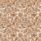 Sepia-toned pattern of densely packed roses fills the image, creating a textured floral background.