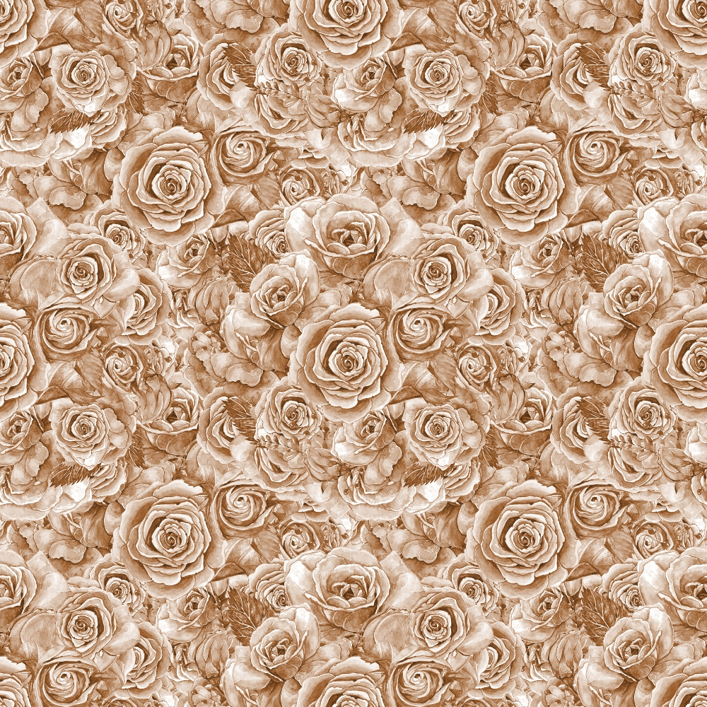 Sepia-toned pattern of densely packed roses fills the image, creating a textured floral background.