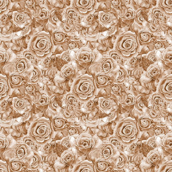 Sepia-toned pattern of densely packed roses fills the image, creating a textured floral background.