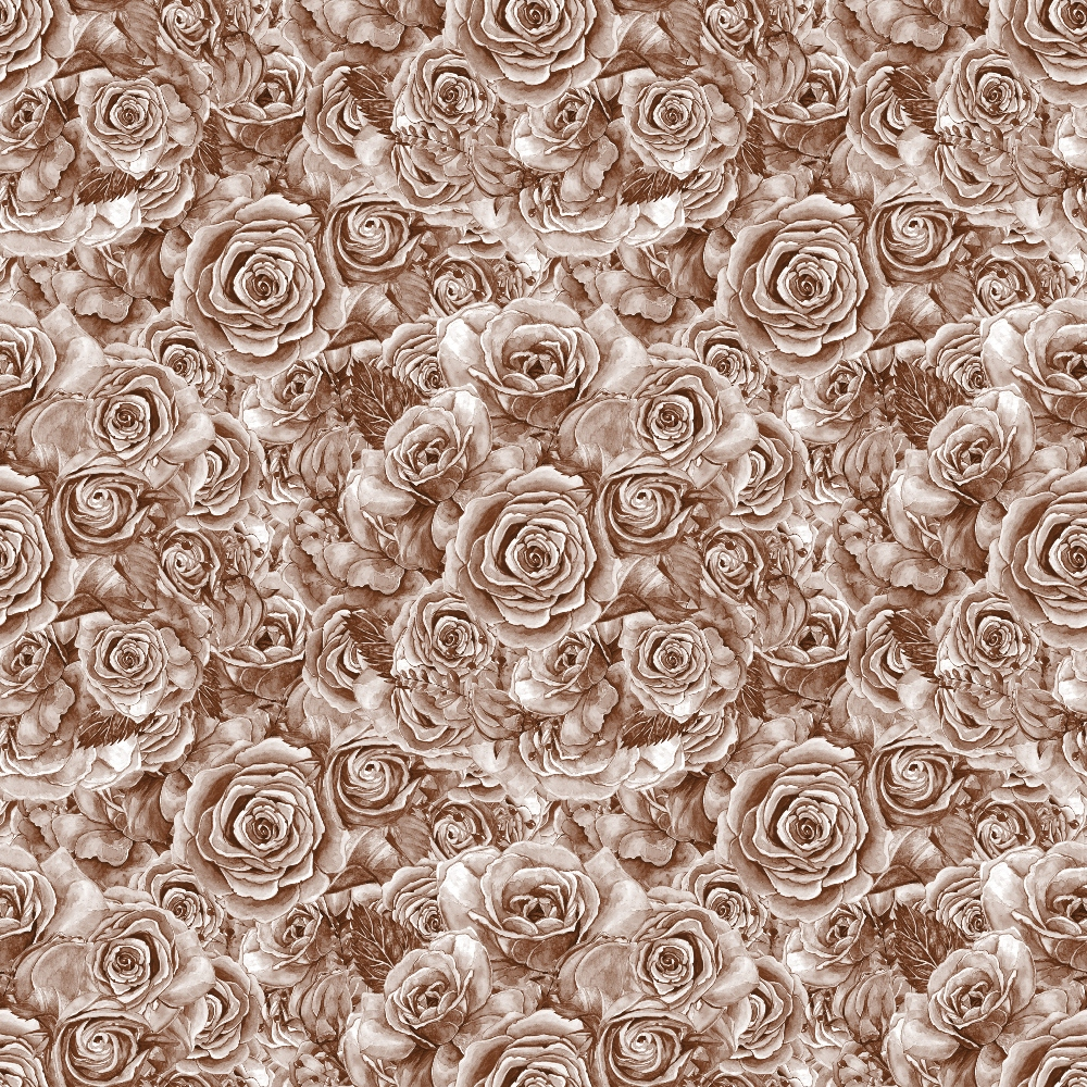 A seamless pattern of vintage-style roses in a sepia tone, creating an ornamental floral design.