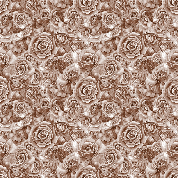 A seamless pattern of vintage-style roses in a sepia tone, creating an ornamental floral design.
