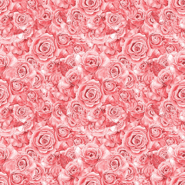 A seamless pattern of pink roses in full bloom, densely arranged with detailed petals, creating a decorative floral background.