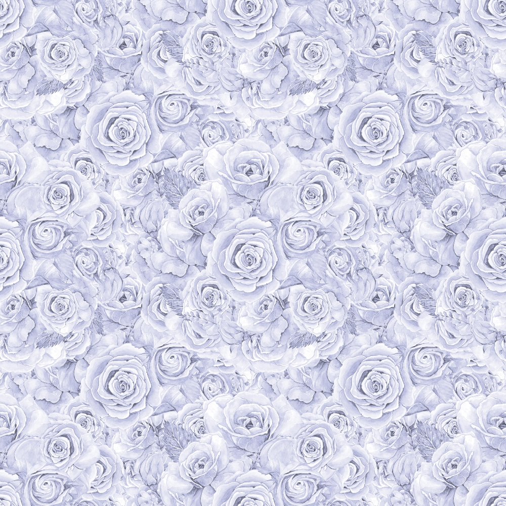 Pattern of intricately detailed, clustered roses in a monochrome, pale lavender hue.