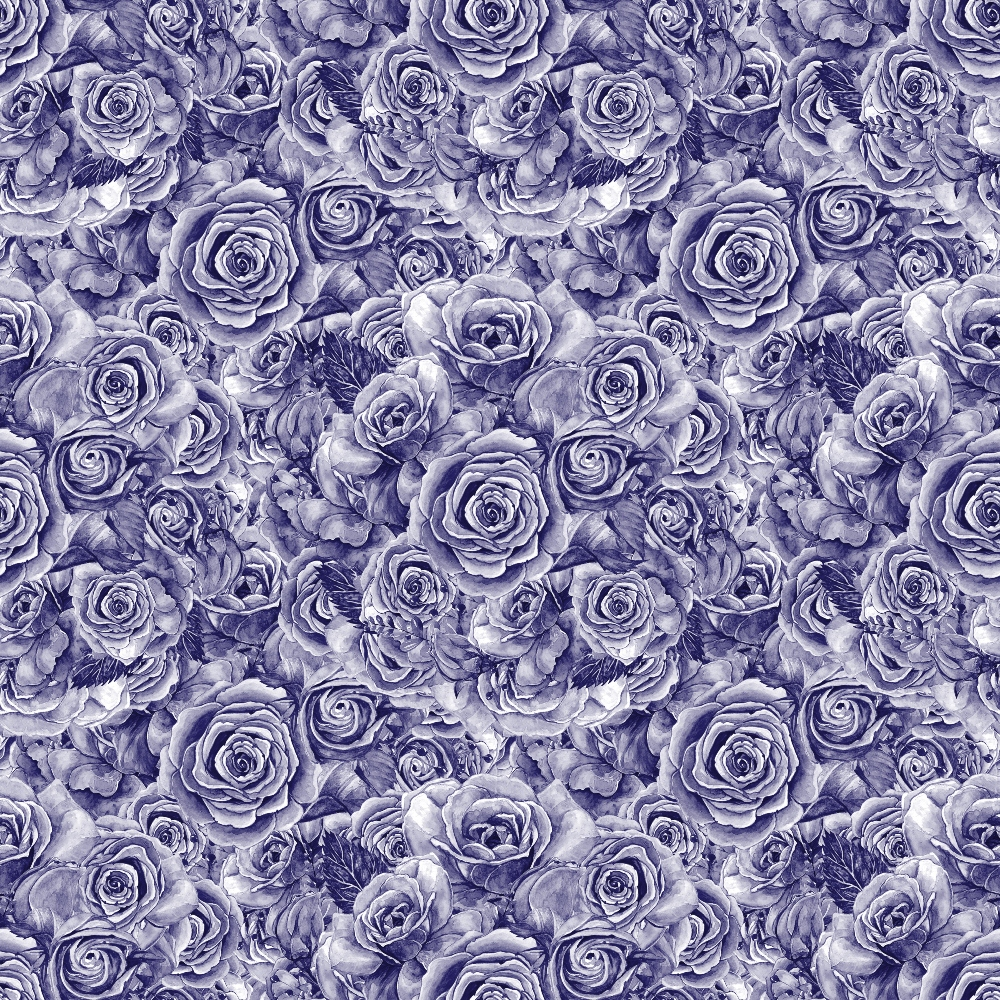 A seamless pattern of densely packed, detailed purple roses fills the image.