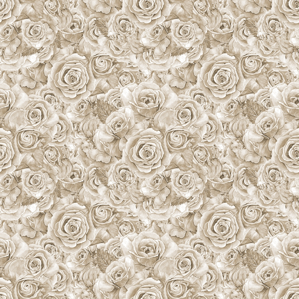 A seamless pattern of sepia-toned roses overlapping each other, creating a dense floral texture.