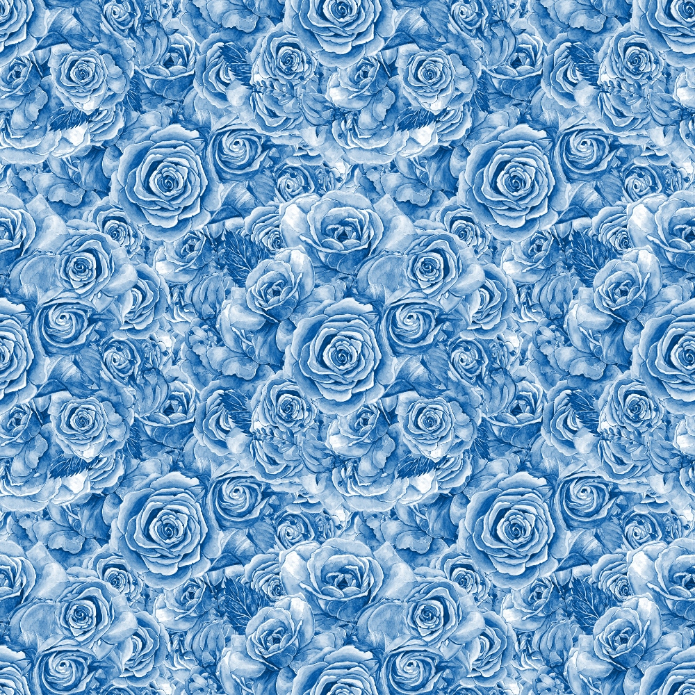 Pattern of detailed blue roses densely arranged with leaves in a seamless floral design.