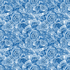 Pattern of detailed blue roses densely arranged with leaves in a seamless floral design.