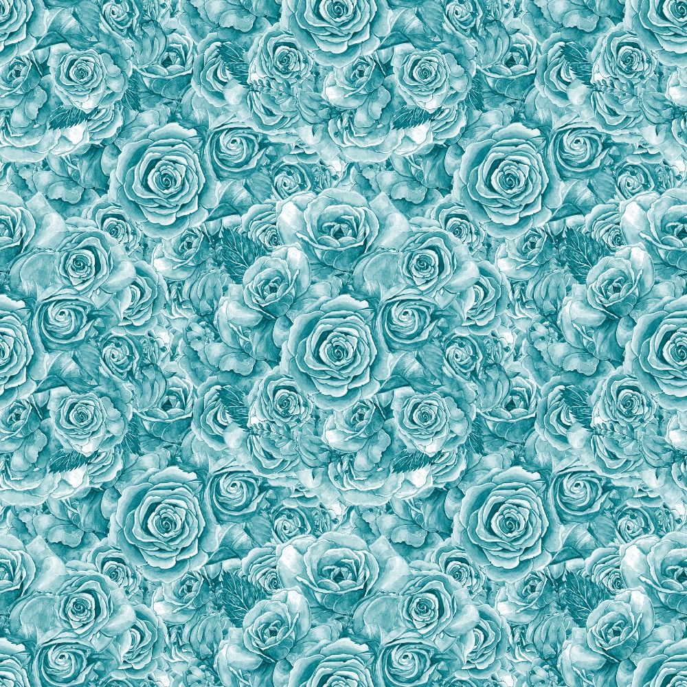 Pattern of overlapping teal roses with detailed petals, filling the entire frame.