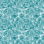 Pattern of overlapping teal roses with detailed petals, filling the entire frame.