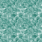 A pattern of overlapping teal roses fills the image, creating a dense floral arrangement.