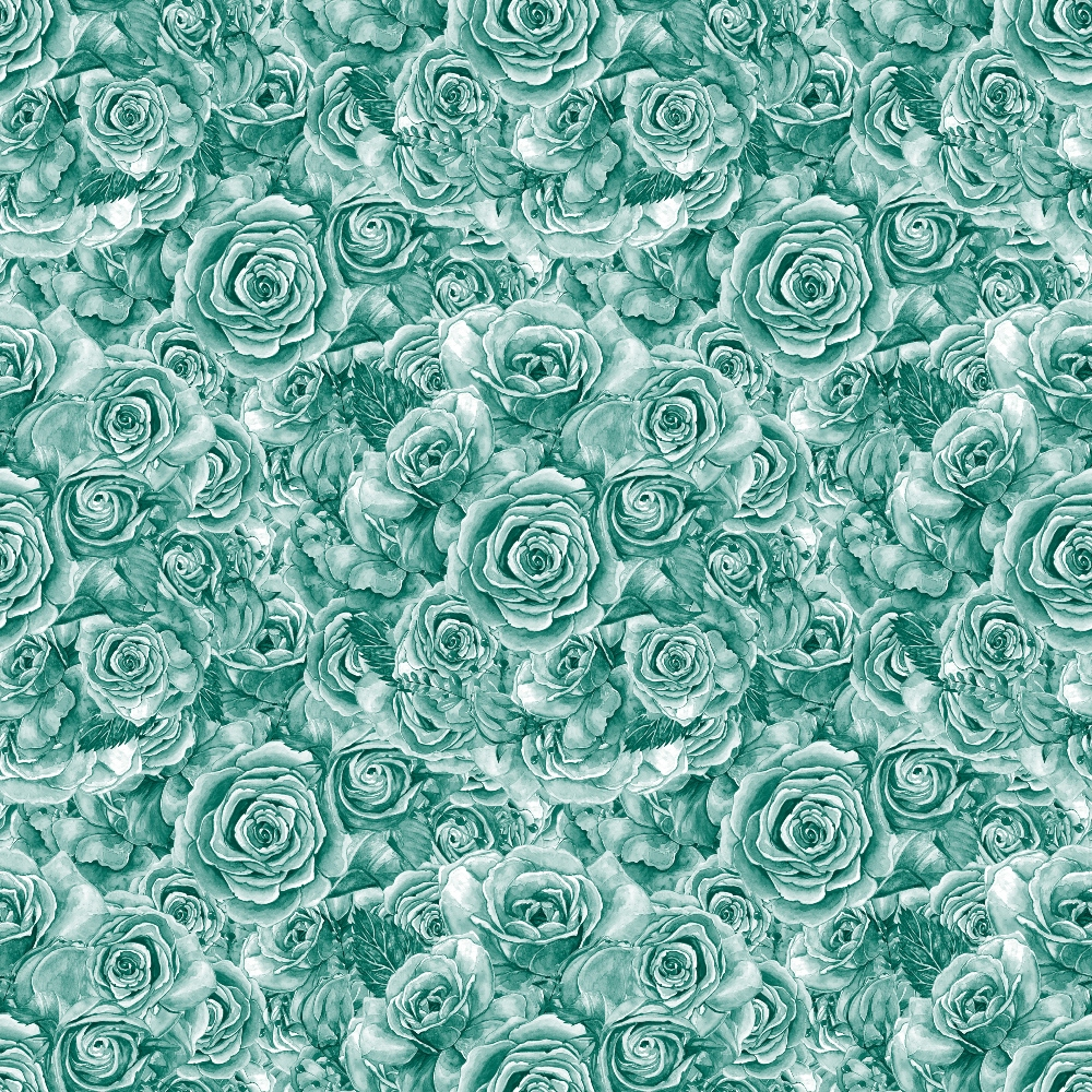 A pattern of overlapping teal roses fills the image, creating a dense floral arrangement.