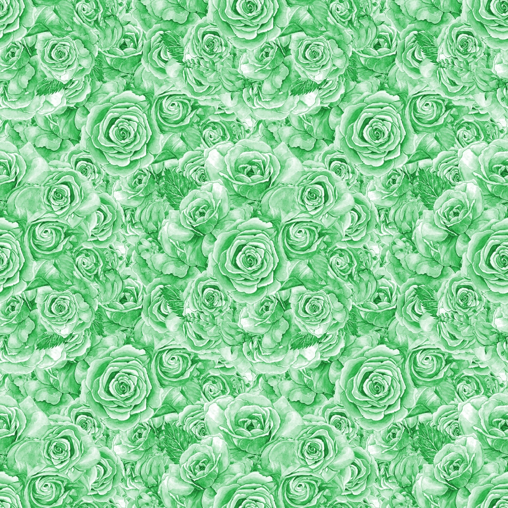 Pattern of green roses densely arranged with overlapping petals.