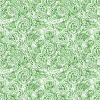 A pattern of green roses fills the image, creating a seamless floral design.
