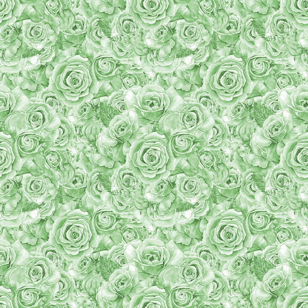A pattern of green roses fills the image, creating a seamless floral design.