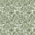 A seamless pattern of intricately detailed roses in shades of gray and green, creating a textured, floral design.