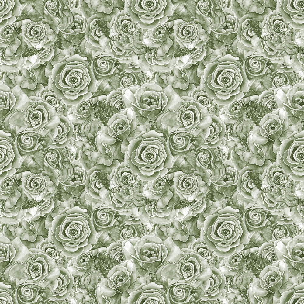 A seamless pattern of intricately detailed roses in shades of gray and green, creating a textured, floral design.