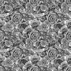 Black and white floral pattern featuring densely packed roses, creating a seamless repetitive design.