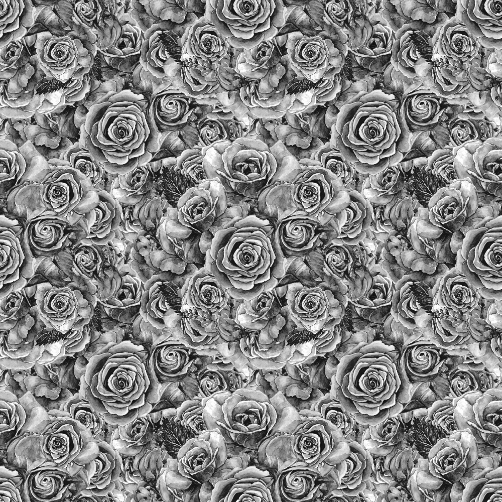 Black and white floral pattern featuring densely packed roses, creating a seamless repetitive design.