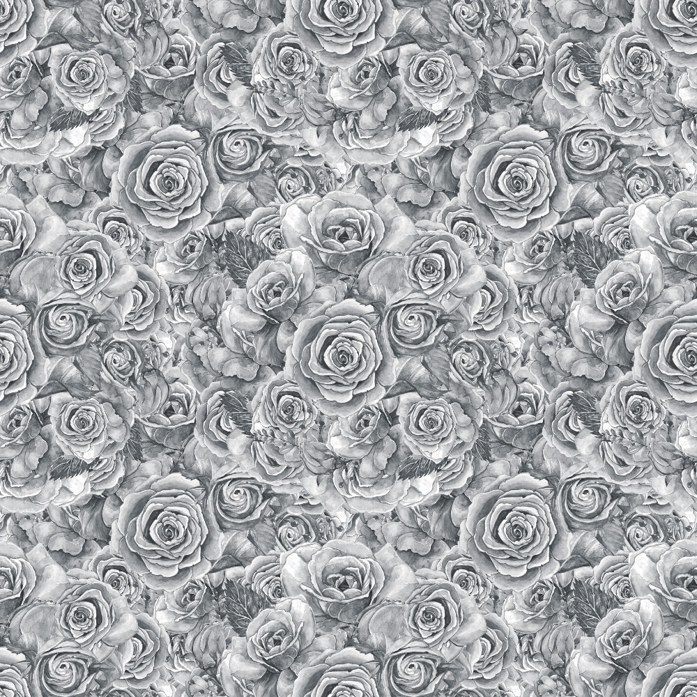 Black and white illustration of densely packed roses filling the entire frame, creating a seamless floral pattern.