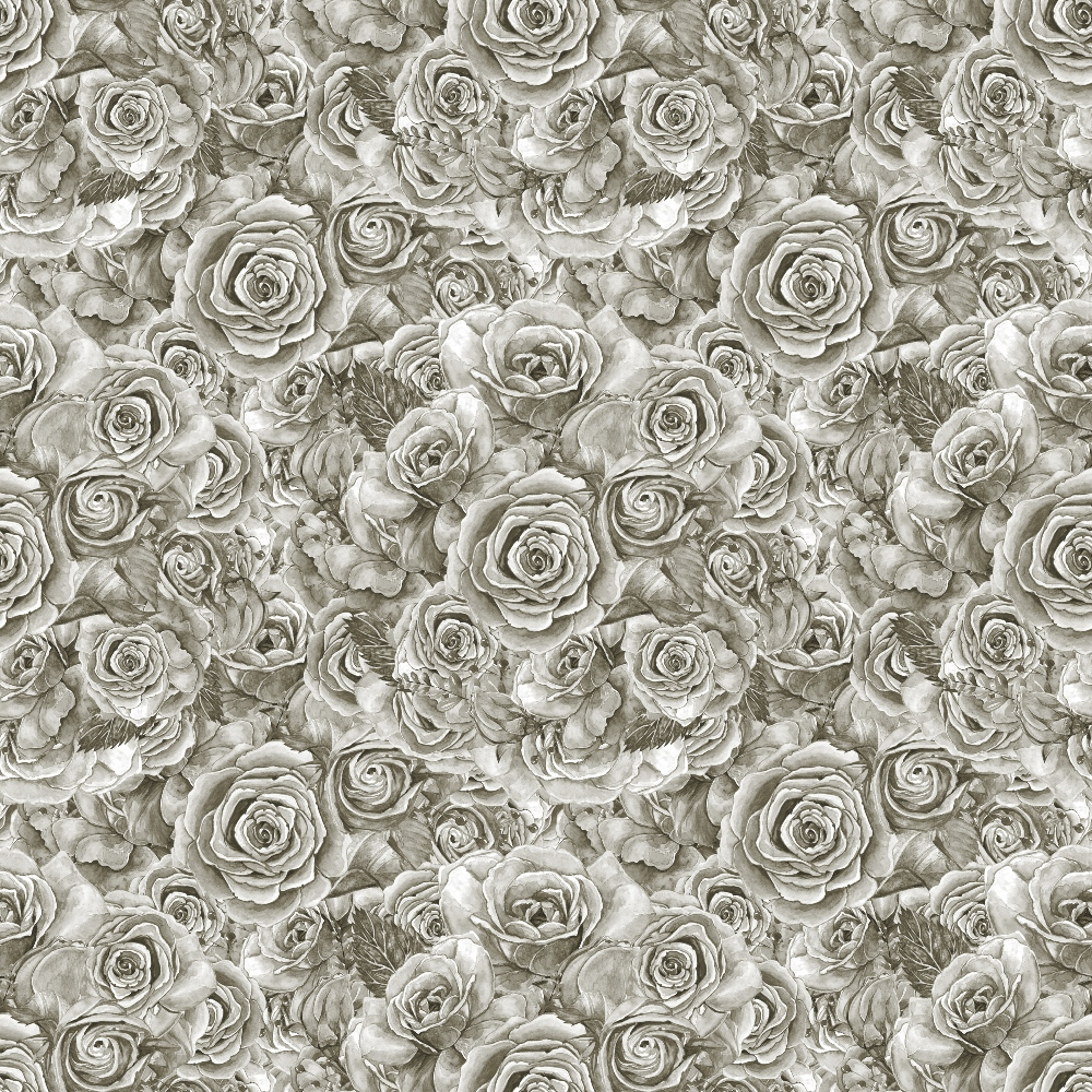 Monochrome pattern of roses densely arranged, featuring detailed and intricate floral designs in shades of gray.
