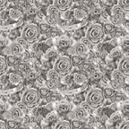 A seamless grayscale pattern of densely packed roses, intricately designed with detailed petals and leaves.