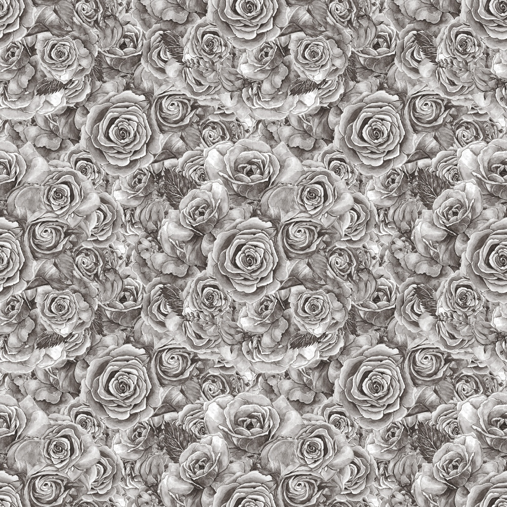A seamless grayscale pattern of densely packed roses, intricately designed with detailed petals and leaves.