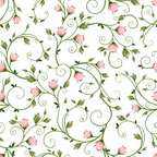 Seamless pattern of pink rosebuds and green swirling vines on a white background.