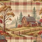 rustic farmhouse, plaid pattern,, fabric panel, barn scenes, autumn colors, red plaid, beige tones, brown hues, country landscape, wooden fence, evergreen trees, fall foliage, pastoral scene, rural setting, farm buildings, earth tones, cozy atmosphere, countryside motif, repeating pattern