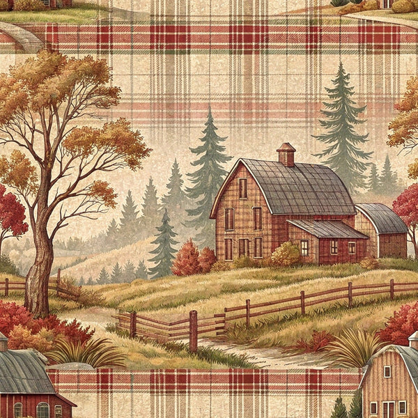 rustic farmhouse, plaid pattern,, fabric panel, barn scenes, autumn colors, red plaid, beige tones, brown hues, country landscape, wooden fence, evergreen trees, fall foliage, pastoral scene, rural setting, farm buildings, earth tones, cozy atmosphere, countryside motif, repeating pattern