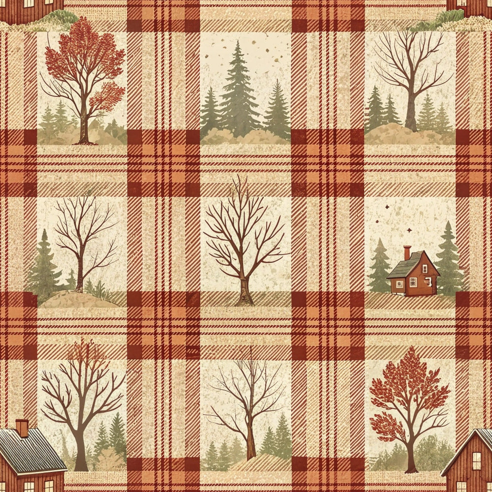 rustic brown, cream beige, burgundy red, plaid pattern, checkered design, bare trees, evergreen trees, log cabin, forest scene, autumn foliage,, fabric panel, country farmhouse, woodland theme, seasonal motifs, nature imagery, cozy cabin, pine trees, deciduous trees, patchwork squares