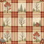 rustic brown, cream beige, burgundy red, plaid pattern, checkered design, bare trees, evergreen trees, log cabin, forest scene, autumn foliage,, fabric panel, country farmhouse, woodland theme, seasonal motifs, nature imagery, cozy cabin, pine trees, deciduous trees, patchwork squares