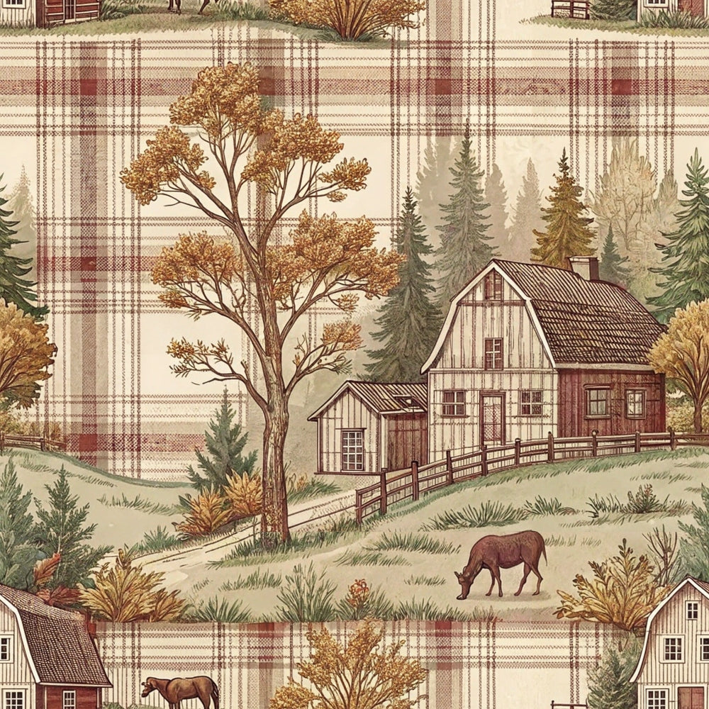 rustic farmhouse, plaid pattern,, fabric panel, autumn colors, brown tones, cream background, red accents, green evergreens, barn structures, grazing cattle, deciduous trees, country landscape, pastoral scenes, wooden fencing, rural setting, cozy atmosphere, earth tones, repeating motifs, farm animals