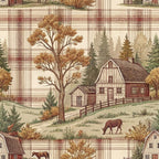 rustic farmhouse, plaid pattern,, fabric panel, autumn colors, brown tones, cream background, red accents, green evergreens, barn structures, grazing cattle, deciduous trees, country landscape, pastoral scenes, wooden fencing, rural setting, cozy atmosphere, earth tones, repeating motifs, farm animals