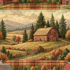 rustic farmhouse, plaid borders, autumn colors, barn scene, rolling hills, wooden fence, evergreen trees, mountain landscape,, fabric panel, golden yellow, burnt orange, deep red, forest green, country pastoral, fall foliage, rural setting, nostalgic artwork, warm earth tones