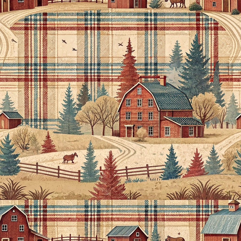 rustic farmhouse, red barn, plaid pattern, tartan checks, cream background, burgundy red, forest green, golden tan, evergreen trees, bare trees, wooden fence, country road, grazing horses, flying birds,, fabric panel, rural landscape, cozy cabin, autumn colors, pastoral scene