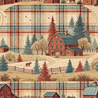rustic farmhouse, red barn, plaid pattern, tartan checks, cream background, burgundy red, forest green, golden tan, evergreen trees, bare trees, wooden fence, country road, grazing horses, flying birds,, fabric panel, rural landscape, cozy cabin, autumn colors, pastoral scene