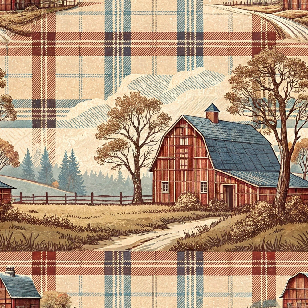 rustic farmhouse, red barn, plaid pattern, tartan design, autumn colors, country scene,, fabric panel, pastoral landscape, blue roof, brown trees, dirt path, wooden fence, farm buildings, beige background, burgundy stripes, blue stripes, rural setting, countryside view, harvest theme