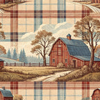 rustic farmhouse, red barn, plaid pattern, tartan design, autumn colors, country scene,, fabric panel, pastoral landscape, blue roof, brown trees, dirt path, wooden fence, farm buildings, beige background, burgundy stripes, blue stripes, rural setting, countryside view, harvest theme