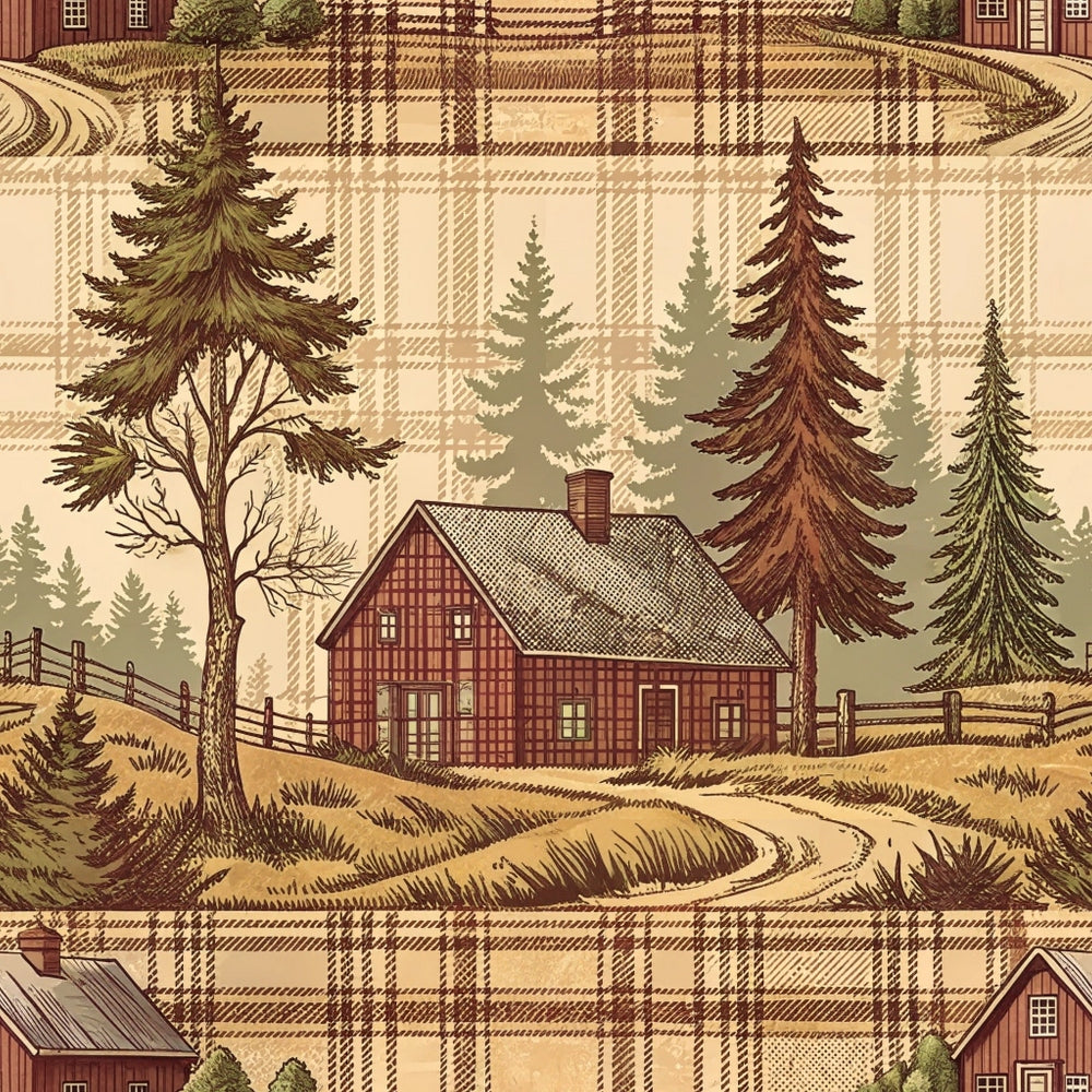 rustic cabin, plaid pattern, evergreen trees, farmhouse style, country scene, wooden fence, chimney smoke, forest landscape,, fabric panel, earth tones, brown hues, cream background, log cabin, pine trees, rural setting, winding path, cottage design, woodland theme, vintage illustration