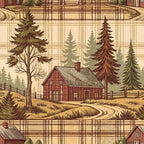 rustic cabin, plaid pattern, evergreen trees, farmhouse style, country scene, wooden fence, chimney smoke, forest landscape,, fabric panel, earth tones, brown hues, cream background, log cabin, pine trees, rural setting, winding path, cottage design, woodland theme, vintage illustration