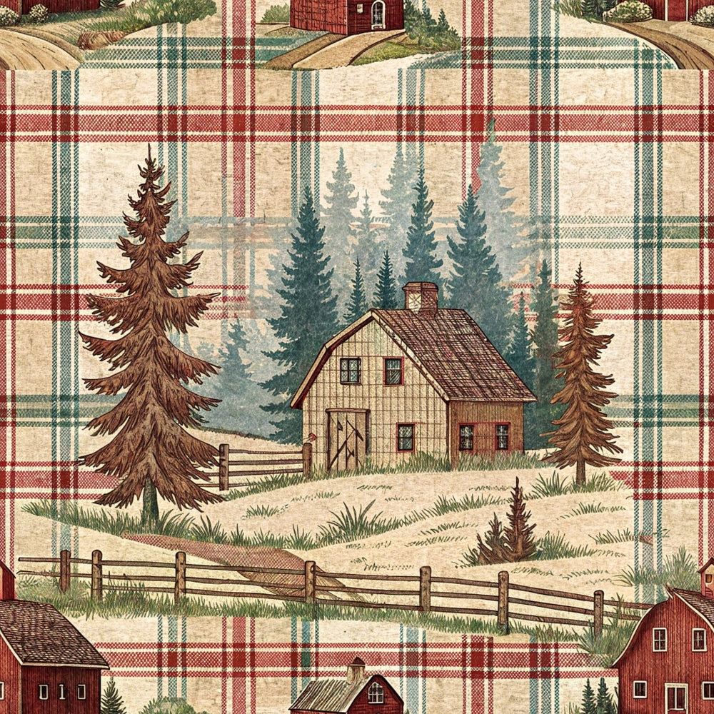 rustic farmhouse, plaid pattern,, fabric panel, country scene, red barn, log cabin, evergreen trees, pine trees, wooden fence, pastoral landscape, beige background, red stripes, green stripes, brown trees, rural setting, cottage core, farmyard, checkered border, scenic vignette