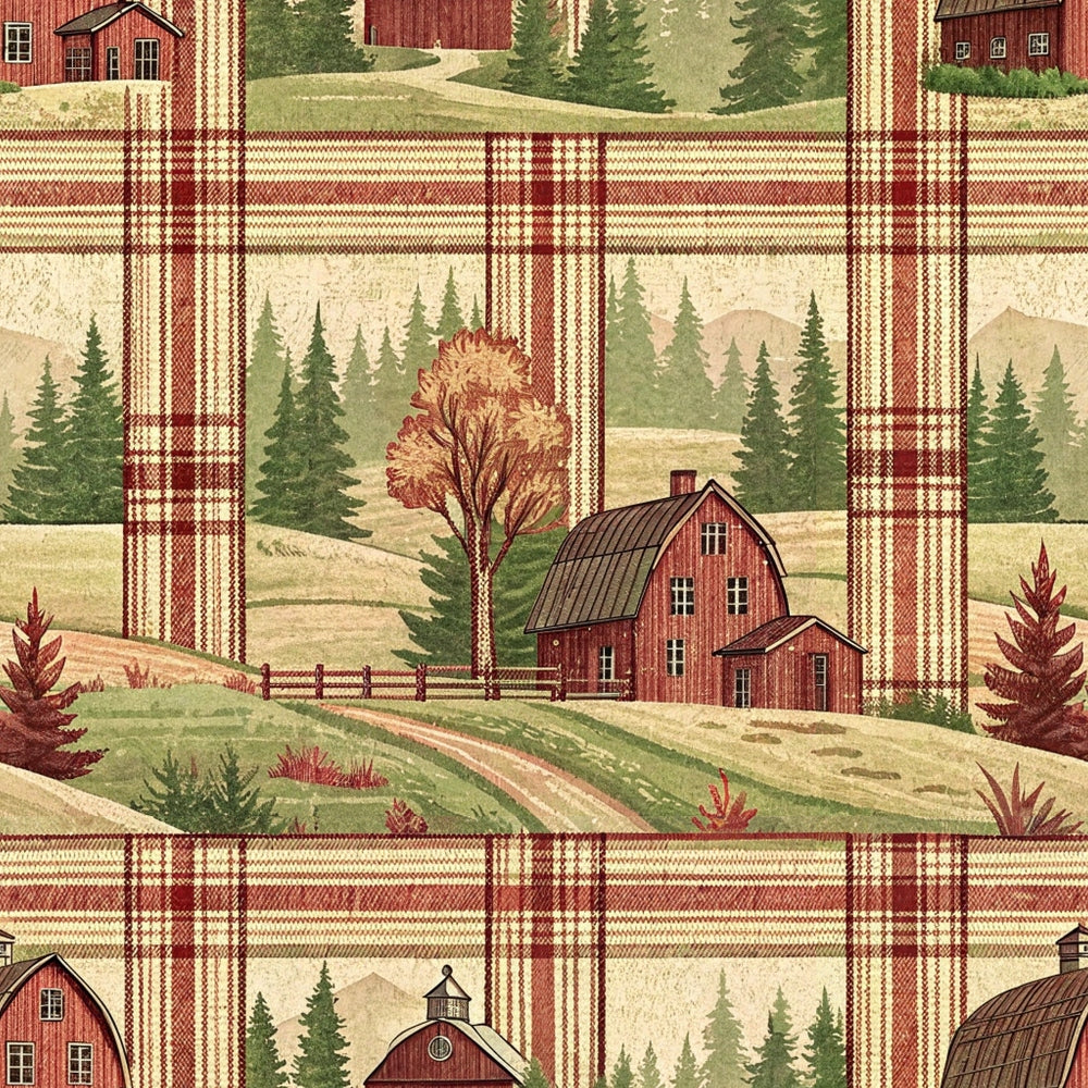 rust red, cream, sage green, brown, plaid pattern, farmhouse scenes, red barns, evergreen trees, rolling hills, country landscape,, fabric panel, rustic style, pastoral scenes, farm buildings, checkered design, autumn colors, rural motifs, countryside imagery, woven texture