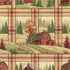 rust red, cream, sage green, brown, plaid pattern, farmhouse scenes, red barns, evergreen trees, rolling hills, country landscape,, fabric panel, rustic style, pastoral scenes, farm buildings, checkered design, autumn colors, rural motifs, countryside imagery, woven texture