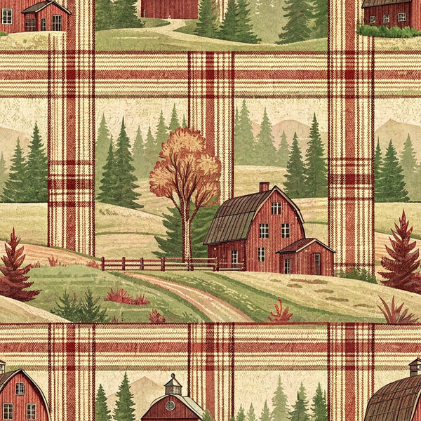 rust red, cream, sage green, brown, plaid pattern, farmhouse scenes, red barns, evergreen trees, rolling hills, country landscape,, fabric panel, rustic style, pastoral scenes, farm buildings, checkered design, autumn colors, rural motifs, countryside imagery, woven texture