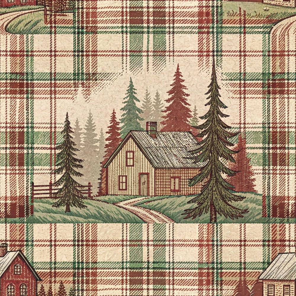 rustic farmhouse, plaid pattern,, fabric panel, cabin scene, evergreen trees, forest setting, red brown green, cream beige, country cottage, woodland scene, cozy cabin, pine trees, rustic home, log cabin, nature motif, autumn colors, farmhouse style, cottage core, rural landscape