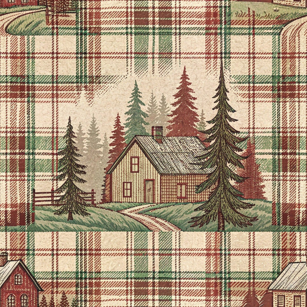 rustic farmhouse, plaid pattern,, fabric panel, cabin scene, evergreen trees, forest setting, red brown green, cream beige, country cottage, woodland scene, cozy cabin, pine trees, rustic home, log cabin, nature motif, autumn colors, farmhouse style, cottage core, rural landscape